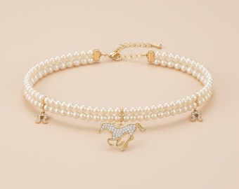Double Strand Pearl Choker with Equestrian Horse Pendant