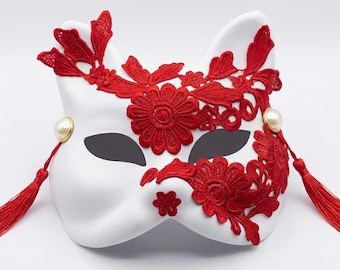 Handmade Red Cat Masquerade Mask, Elegant Costume Party Mask Gift