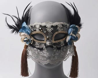 Venetian Lace Masquerade Mask, Feather Party Mask, Elegant Costume Mask