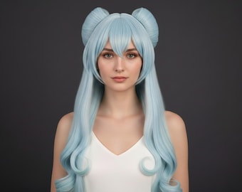 Long Blue Cosplay Wig, Anime Double Bun Wig, Pastel Costume Wig