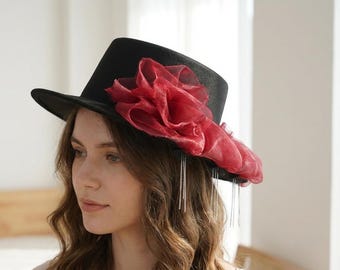 Black Fascinator Hat with Red Flower, Elegant Wedding Guest Statement Headpiece