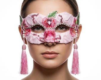 Pink Floral Masquerade Mask, Handmade Venetian Party Mask, Elegant Ball Costume Mask Gift