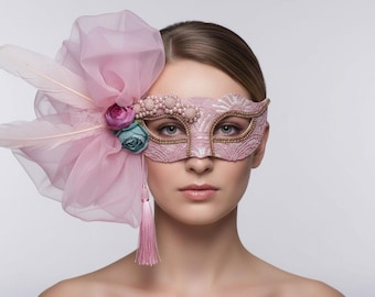Pink Masquerade Mask for Party, Romantic Handmade Costume Accessory