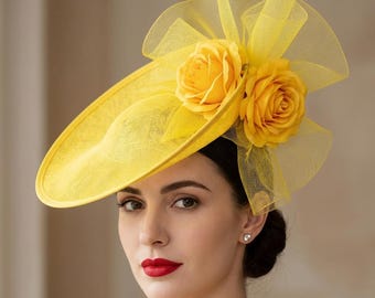 Yellow Fascinator Hat for Derby, Elegant Floral Wedding Guest Headpiece