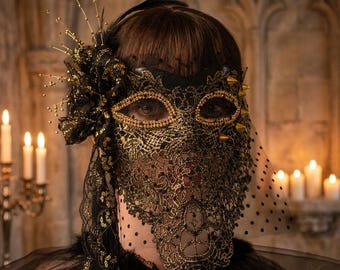 Gothic Lace Masquerade Mask, Handmade Venetian Party Mask, Elegant Black Costume Mask