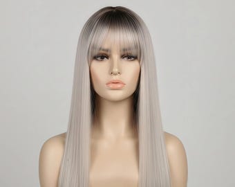 Long Straight Blonde Wig with Bangs, 26 Inch Synthetic Wig, Natural Cosplay Wig