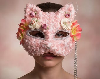 Floral Cat Mask for Masquerade Party, Pink Handmade Costume Gift