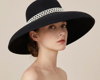 Black Wide Brim Hat with Pearl Band, Elegant Wedding Guest Derby Hat