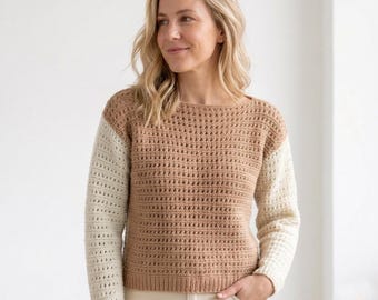 Maglione reversibile in cotone lavorato a mano, pullover estivo traforato, color crema beige traspirante (S/M)