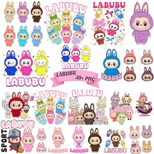 Labubu digitale stickersbundel | 30+ schattige konijntjes karakter PNG&#39;s | Kawaii Labubu clipart voor planners, ambachten digitale downloads