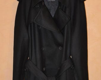 Aquascutum zwarte wollen double-breasted trenchcoat met leren afwerking heren maat 48, XXL