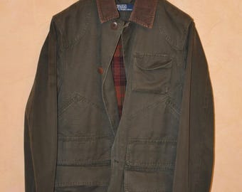 Polo Ralph Lauren Men's Khaki Hunt Wool Linning Jacket Cowhide Trim Size S Small