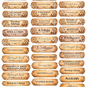 Puede incluir: Etiquetas de Pascua de madera con frases en polaco como "Felices Pascuas" y "Aleluya". Las etiquetas tienen un diseño rústico con adornos florales. El texto "Hitori Digital Art" está en la parte inferior.