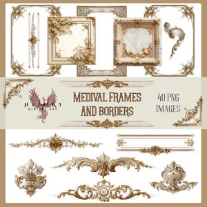 Puede incluir: Una colección de marcos y bordes ornamentados de estilo antiguo en tonos dorados y crema. La imagen incluye marcos cuadrados y rectangulares, adornos decorativos y el texto "MEDIVAL FRAMES AND BORDERS" y "40 PNG IMAGES".