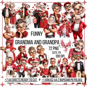 May include: Digital art featuring cartoon illustrations of grandmas and grandpas in various poses and outfits. The images are in red and white, with the text "FUNNY GRANDMA AND GRANDPA" and "72 PNG".