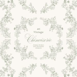Könnte beinhalten: Digitale Illustration mit Vintage-Chinoiserie-Designs, einschließlich Rahmen, Bordüren und dekorativen Elementen. Die floralen Muster sind in einem sanften Grünton auf cremefarbenem Hintergrund gehalten. Der Text lautet "40 Vintage Chinoiserie".