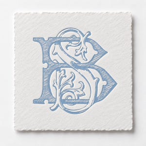 May include: A square piece of white textured paper featuring a light blue embossed letter B. The letter is designed with intricate scrollwork and decorative flourishes, creating a raised, three-dimensional effect against the paper surface.