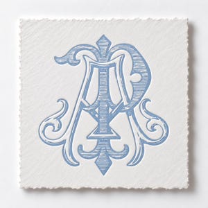 May include: A square piece of white paper with deckled edges featuring a centered, embossed monogram of the letters M and R in a light blue color. The design incorporates intricate, stylized scrollwork and flourishes surrounding the letters.