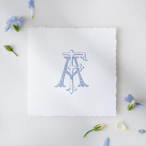 Puede incluir: Un diseño de monograma azul claro con las letras A, F y M entrelazadas, impreso en un papel blanco cuadrado texturizado con un borde dentado. Pequeñas flores y capullos azules están dispersos alrededor del papel, creando una estética floral delicada.