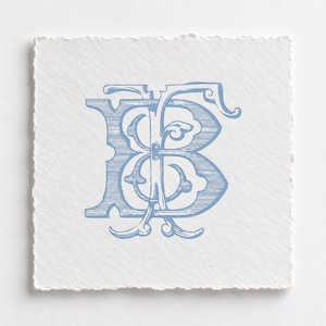 May include: A square piece of textured white paper with deckled edges featuring a light blue ink illustration of the intertwined capital letters E and B. The typography displays a decorative, vintage-inspired serif style with fine horizontal line shading.