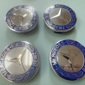 4x Hubcaps 75 mm for Mercedes | Center Caps 75 mm silver blue for Mercedes-Benz