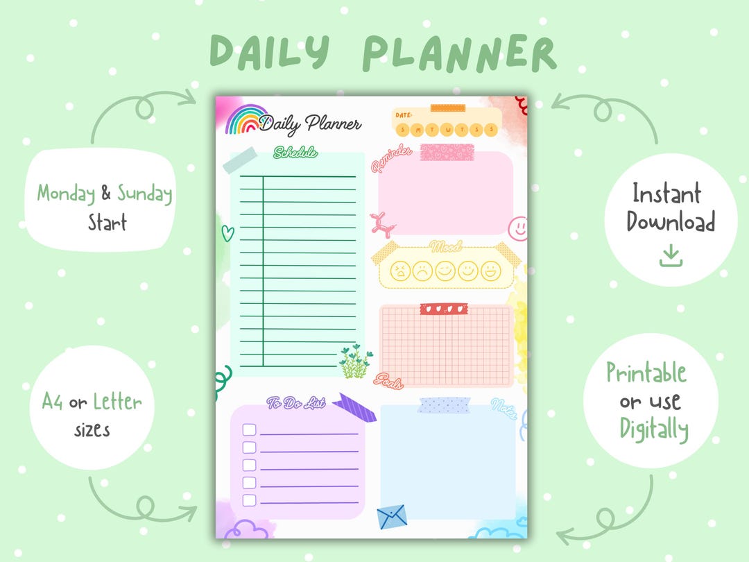 Pastel Daily Planner | to Do List, Mood Tracker (PDF, A4/US Letter Size ...