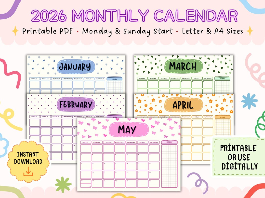 2026 Monthly Calendar Printable | Sunday & Monday Start (A4, US Letter ...