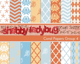 Coral Digital Paper Collection Group 4: 16 Individual 12x12" 300 dpi beachy digital scrapbook papers