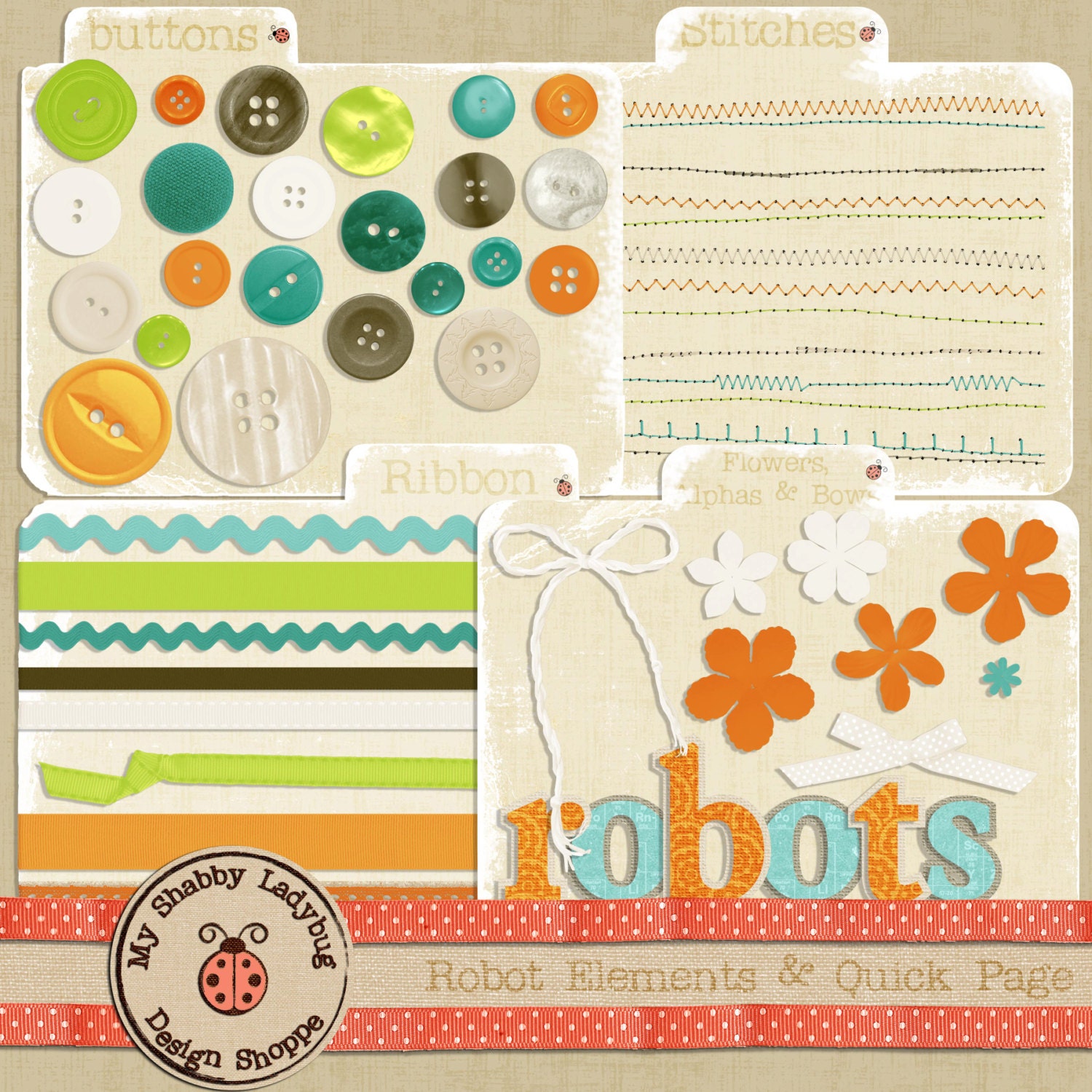 Robots! INSTANT DOWNLOAD! 2 Bonus Quick Pages 2 Alphas Frames, Buttons ...