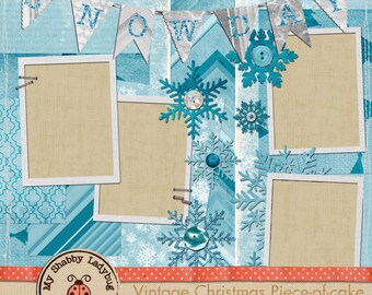 Vintage Christmas Piece-of-Cake Album Page!  Snowflakes, Ribbons,Stitches Quick Page INSTANT DOWNLOAD