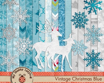 Vintage Christmas Elements in Blue:  Paper Snowflakes, Glitter Snowflakes, Deer, Ribbons, Buttons, Frame Pearls and More!  Instant Download