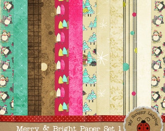 Merry & Bright Penguins Hedgehog and Bird Friends. Digital Textured Scrapbook paper. 12x12" 300 DPI. Instant Download