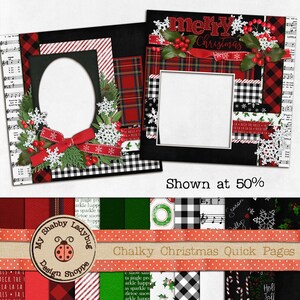 Puede incluir: Un paquete de papel digital para scrapbooking con temática navideña. Los papeles presentan un estampado de cuadros rojos y negros, vichy blanco y negro, copos de nieve, acebo y un patrón de notas musicales. El texto "merry Christmas" aparece en uno de los papeles.