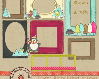 Merry & Bright . Instant Download! 7 Vintage Frames INSTANT DOWNLOAD Stitched with adorable Winter Characters