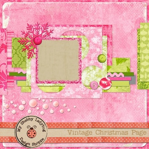 Può includere: Carta da scrapbooking rosa e verde con una cornice bianca e un motivo a fiocco di neve. La carta ha un tema natalizio vintage e include il testo "Vintage Christmas Page".