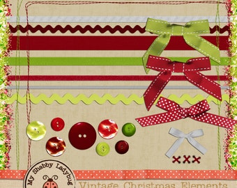 Vintage Christmas Elements in Red and Green:  Snowflakes,, Deer, Ribbons, Buttons  Instant Download