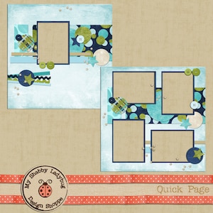 Può includere: Un modello di pagina di scrapbooking digitale con uno schema di colori blu, verde e bianco. Il modello presenta un grande rettangolo al centro circondato da quattro rettangoli più piccoli. Il modello include anche un cerchio con il testo "My Shabby Ladybug Design Shoppe" e un nastro con il testo "Quick Page".