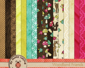 Woodland Friends Textured Papers Instant Download! Little Girl, Mushroom, Fawn, Deer, Raccoon, Fox, Skunk