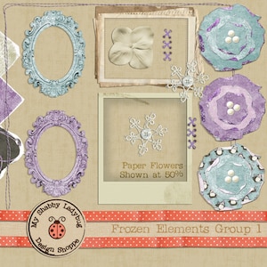 Frozen Textured Elements!  Frames, Flowers, and Torn Papers INSTANT DOWNLOAD Digiscrap Digital Paper Flowers