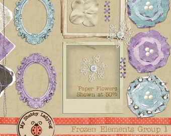 Frozen Textured Elements!  Frames, Flowers, and Torn Papers INSTANT DOWNLOAD Digiscrap Digital Paper Flowers