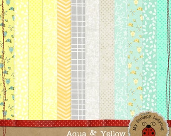 Aqua and Yellow Floral Digital Textured Scrapbook paper. 12x12" 300 DPI. Instant Download