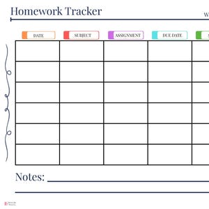 May include: A white homework tracker with a grid for assignments. The top has labels for Date, Subject, Assignment, Due Date, Status, and Notes, each in a different color. The title "Homework Tracker" is at the top.