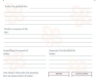 Diario de gratitud imprimible / Página de reflexión diaria / Hoja de trabajo de atención plena (PDF)