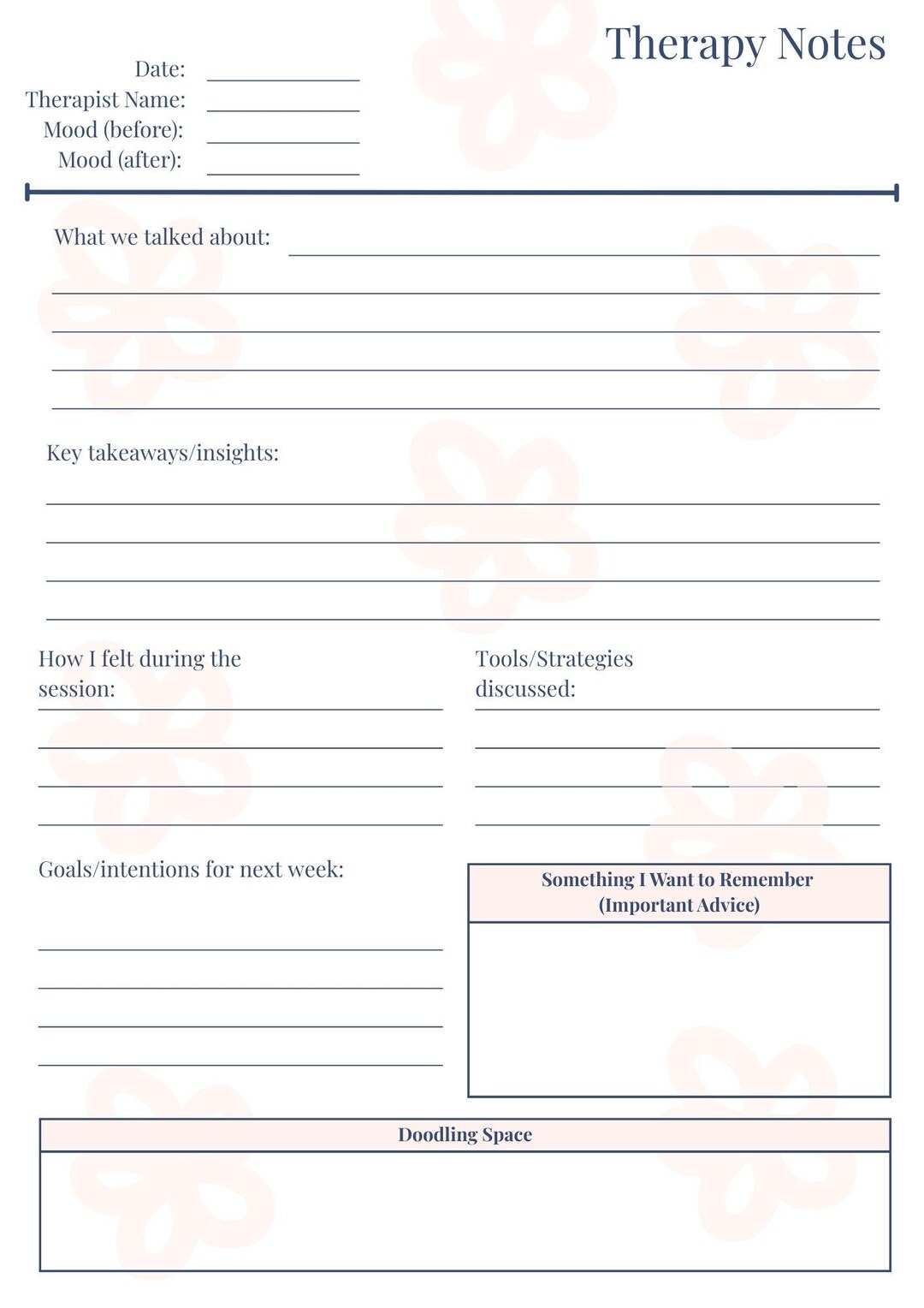 Therapy Notes Printable | Client Session Reflection Worksheet | Mental ...