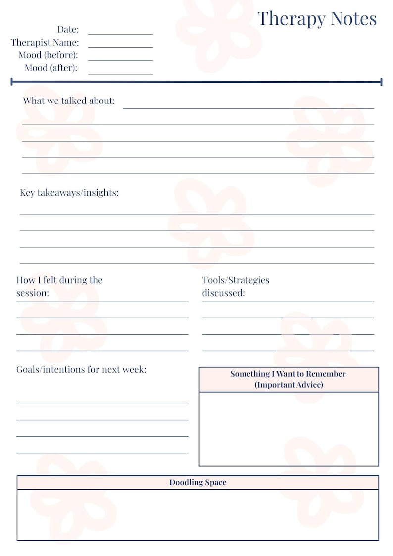 Therapy Notes Printable | Client Session Reflection Worksheet | Mental ...