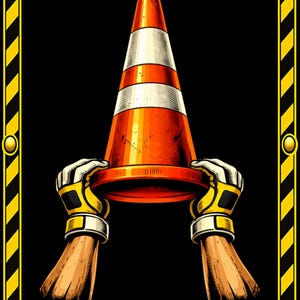 Puede incluir: Ilustraci&oacute;n de un cono de tr&aacute;fico sostenido por dos manos con guantes de trabajo amarillos y blancos. El cono es naranja con rayas blancas. La imagen tiene un fondo negro con un borde a rayas amarillas y negras.