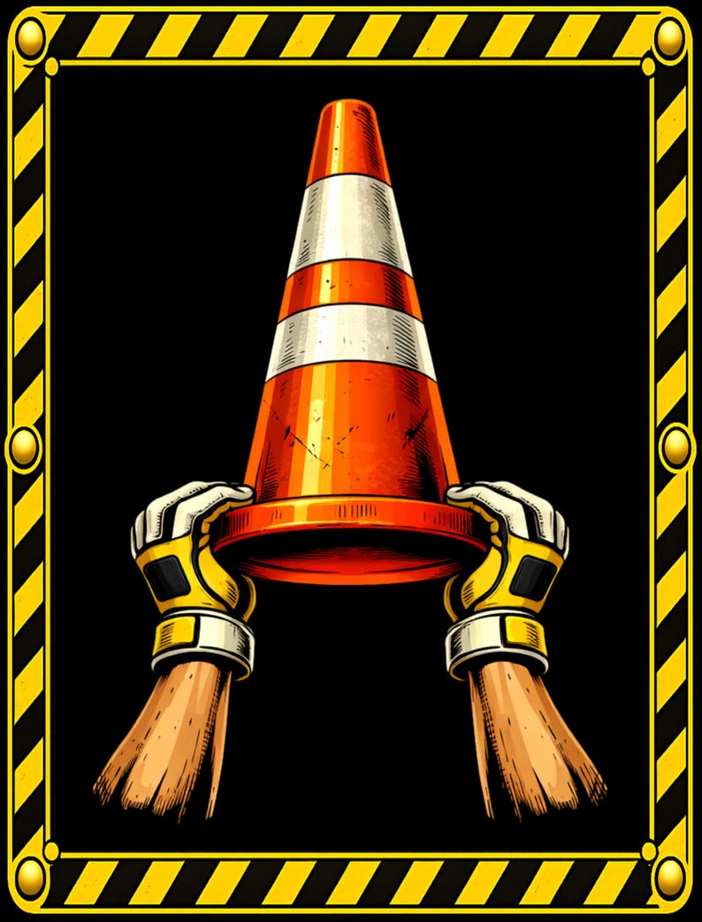 Puede incluir: Ilustraci&oacute;n de un cono de tr&aacute;fico sostenido por dos manos con guantes de trabajo amarillos y blancos. El cono es naranja con rayas blancas. La imagen tiene un fondo negro con un borde a rayas amarillas y negras.