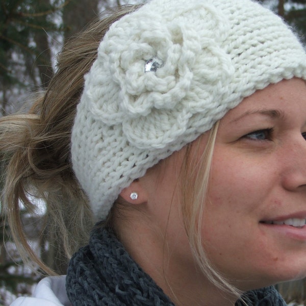 Knit ear warmer headband in winter white w/ crocheted flower