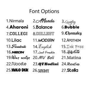 May include: A white background displays a list of 27 font options. Each font is numbered and presented with its name. Font styles vary from classic to modern, including script, bold, and decorative options. The title "Font Options" is at the top.