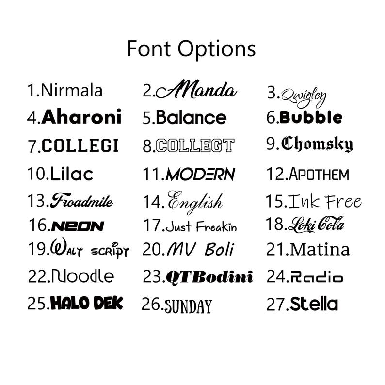May include: A white background displays a list of 27 font options. Each font is numbered and presented with its name. Font styles vary from classic to modern, including script, bold, and decorative options. The title "Font Options" is at the top.